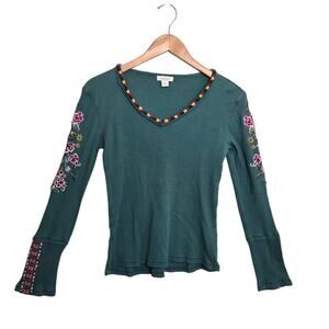 Sundance Womens Waffle Knit Thermal Top Green Floral Embroidery SZ XS Boho